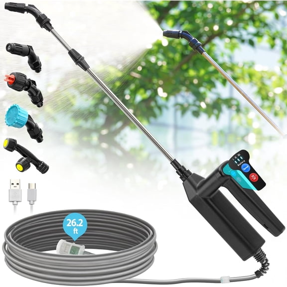Battery Powered Sprayer Wand, 32 Inch Garden Telescopic Wand with 3 Adjustable Speeds, Indicator, 26.2 FT Hose, 7.4V Rechargeable Water 4 Nozzles & Filter
