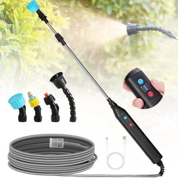 Battery Powered Sprayer Wand, 33Inch Garden Sprayer Telescopic Wand with 3 Adjustable Speeds, Battery Indicator, 10 FT Hose, Rechargeable Water Sprayer Wand with 4 Adjustable Nozzles & Filter