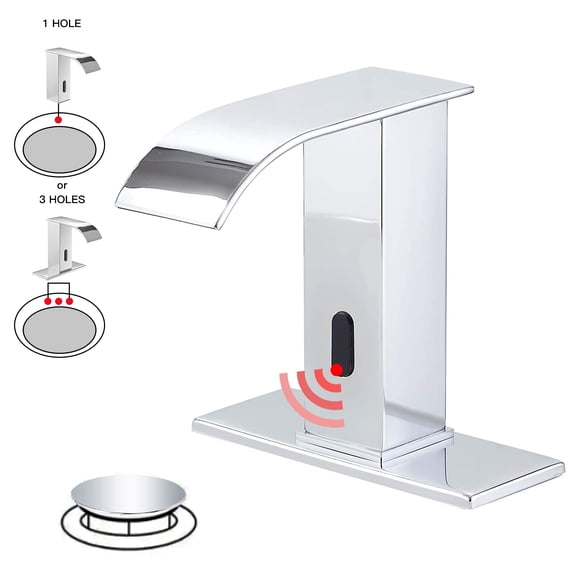 Battery Powered Touchless Single Hole Bathroom Faucet Sensor Deck Mount With Drain Kit In Polished Chrome