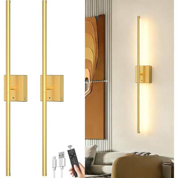 Battery Powered Wall Sconce Set of Two: Gold Wireless Rechargeable Wall Lights with Touch and Remote Control, 360 ° Rotatable 4CCT Dimmable Cordless Scone Lighting Decor for TV Wall Bedroom Bathroom