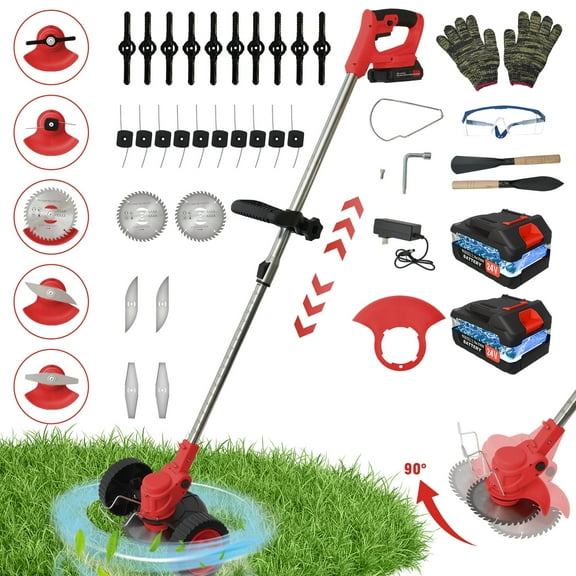 Battery Powered Weed Trimmer-24V 650W Electric Grass Cutting Machine with 2PCS Batteries 2000mAh-Lightweight for Garden & Lawn Edging (Red)