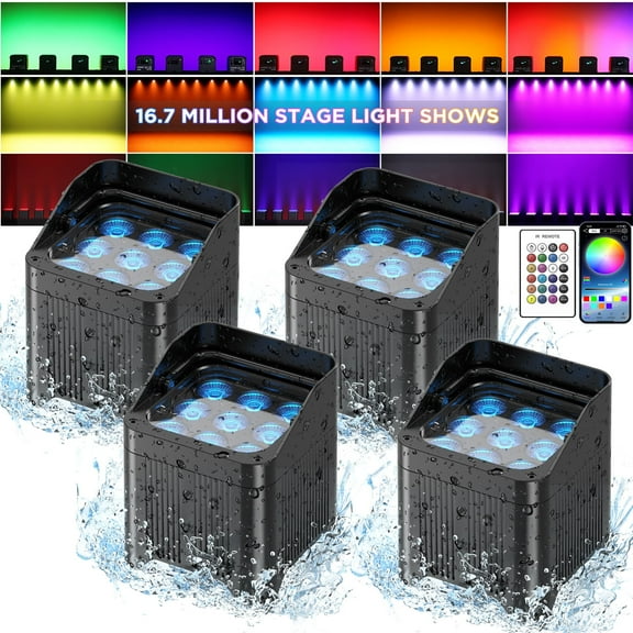 Battery Rechargeable Stage Par Lights, 9X18W RGBW+UV 6-IN-1 8800 mAh Remote/APP/DMX512 Control for Wedding Birthday Christmas Holiday Party Stage Lighting, 4 Pack