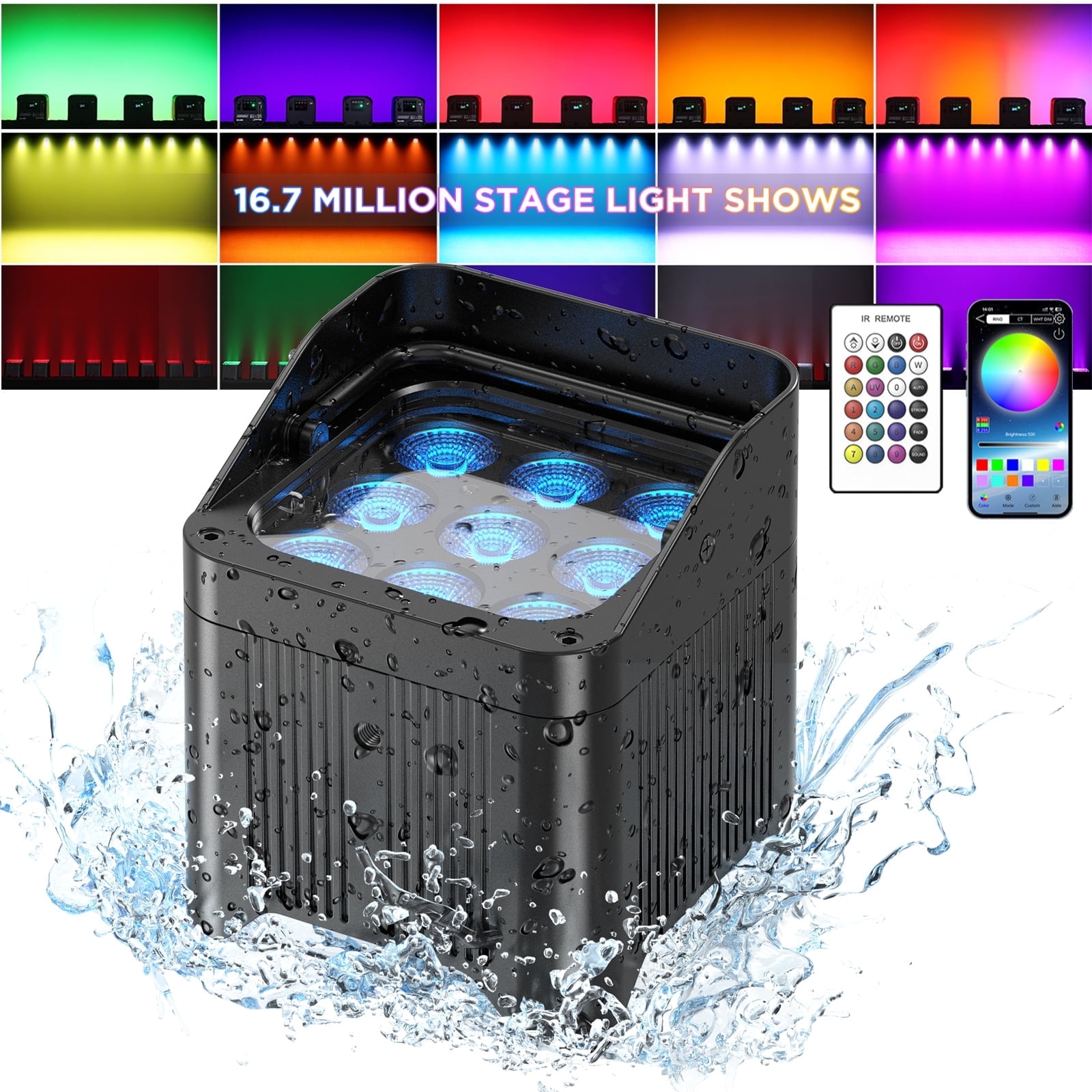 Battery Rechargeable Stage Par Lights, 9X18W RGBW+UV 6-IN-1 8800 mAh Remote/APP/DMX512 Control for Wedding Birthday Christmas Holiday Party Stage Lighting