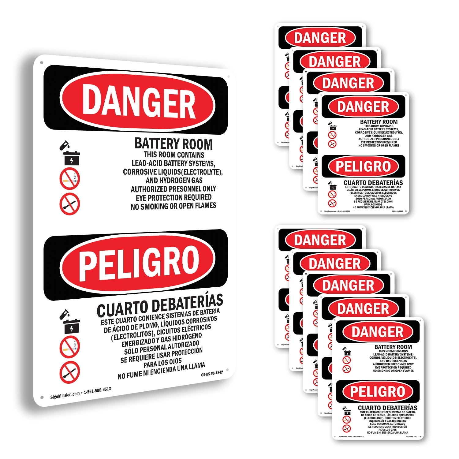 Battery Room Bilingual OSHA Danger Aluminum Sign 10 Inch x 7 Inch - 10 ...