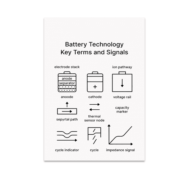 Battery Technology Key Terms and Signals Poster, Electronics Education and Engineering Studies, 13x19 Glossy Paper