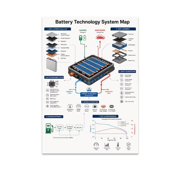 Battery Technology System Map Poster, Engineering Education, Clean Energy Studies, and Technical Workshops, 13x19 Glossy Paper