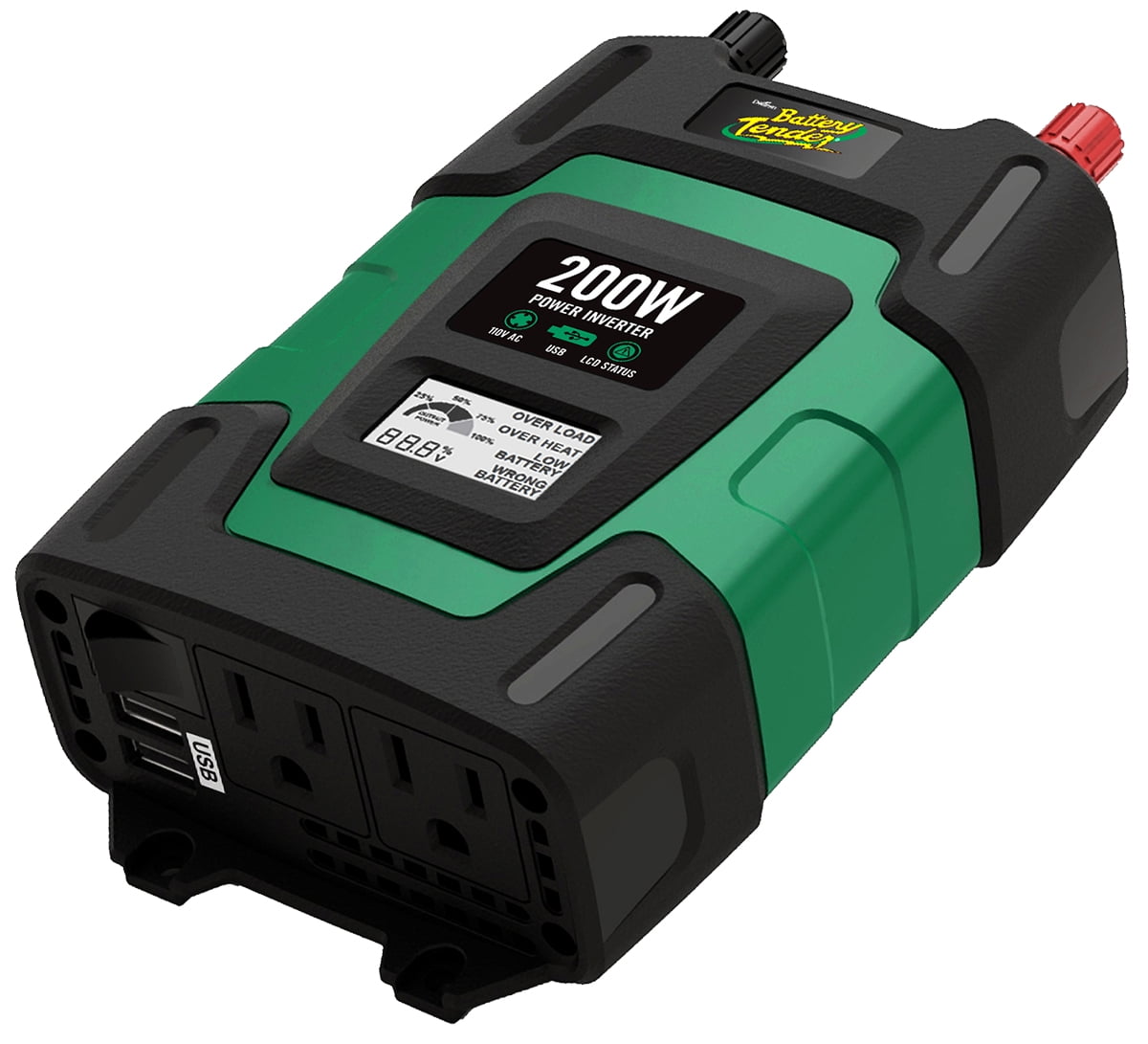 Battery Tender 200 Watt Power Inverter - 12 Volt DC to 115 Volt AC Car Inverter - Portable 200W Power for Camping, Lamps, Phones and More - 2 USB 5V Ports for Charging - 026-0005-DL-WH