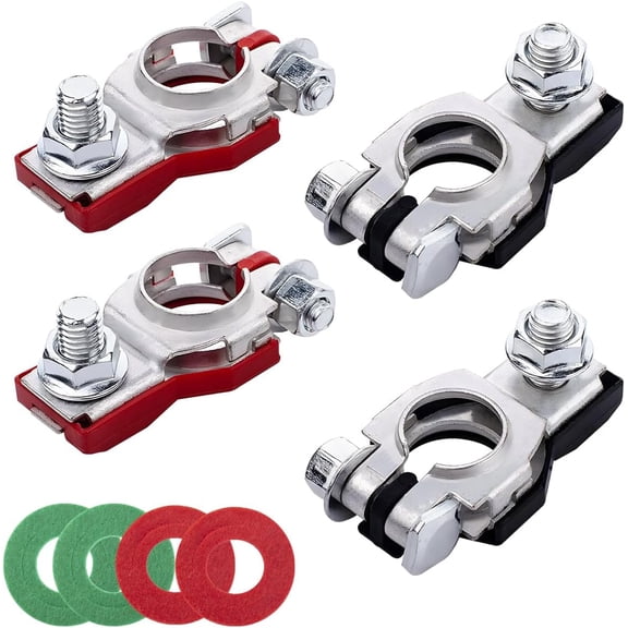 Battery Terminal Connector, Corrosion Resistant Top Post Battery Terminal Clamps with 4 Washers, Universal Positive & Negative Auto Cable Terminals Adapter for SUVs, Motorcycles (2 Pairs)