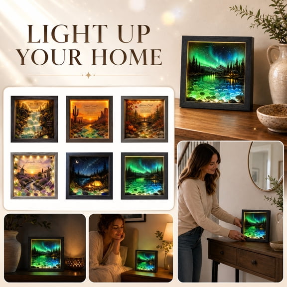 Battery Wall Light, Led Night Lights, Sea Glass Decor, Decorative Night Lights, 8X8 Inch Lavender Field Scenery Sea Glass Shadow Box Lamp, Button Cell Operated Wall Mounted