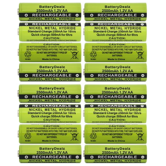 BatteryDealz Rechargeable AA NiMH High-Capacity Batteries (16-Pack), 2500 mAh, 1.2V, Rechargeable up to 500x Times