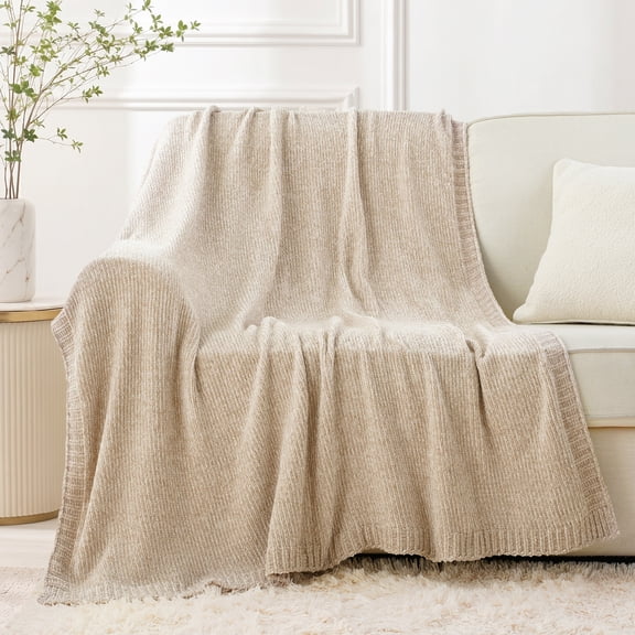 Beige Throw Blanket,Chenille Knit Throws for Couch Bed Chair,Neutral Home Decor, 51"x 67"