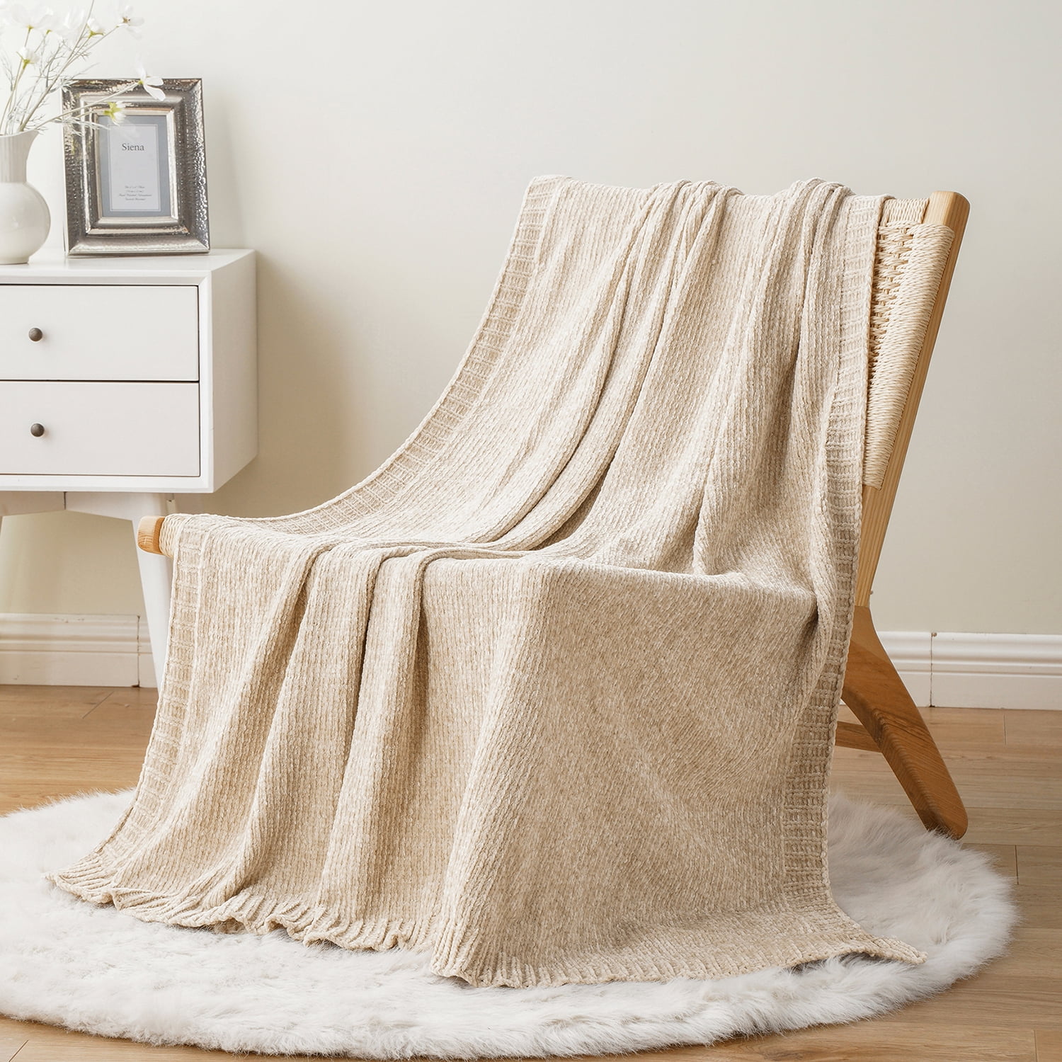 Beige Chenille Knit Throw Blanket, 51" x 67"