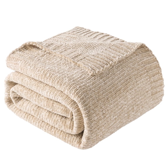 Beige Throw Blanket,Chenille Knit Throws for Couch Bed Chair,Neutral Home Decor, 51"x 67"