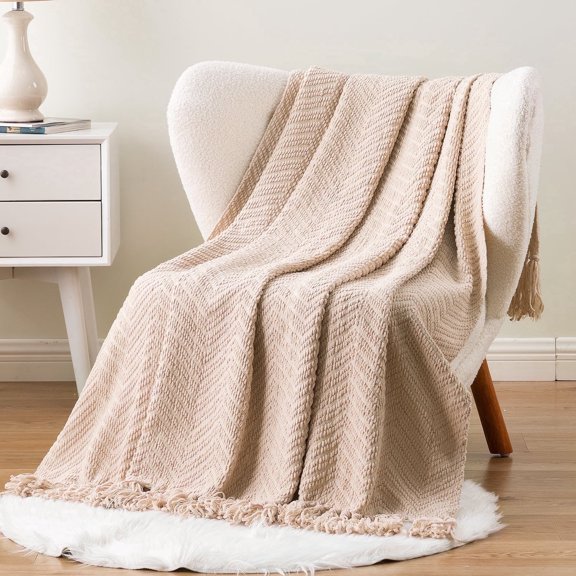 Beige Throw Blanket,Textured Knitted Tan Throws with Tassels,Neutral Sofa Bed Throws,50"x60"