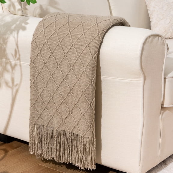Beige Throw Blanket for Bed Couch,Boho Knitted Tan Throws,Decorative Sofa Blanket,50"x60"