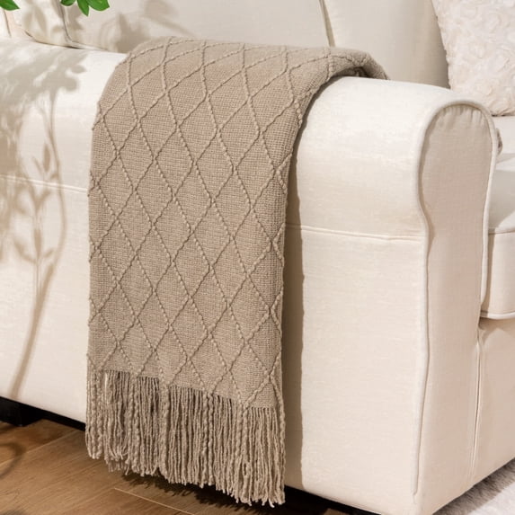 Battilo Beige Throw Blanket for Bed Couch,Boho Knitted Tan Throws,Decorative Sofa Blanket,50"x60"