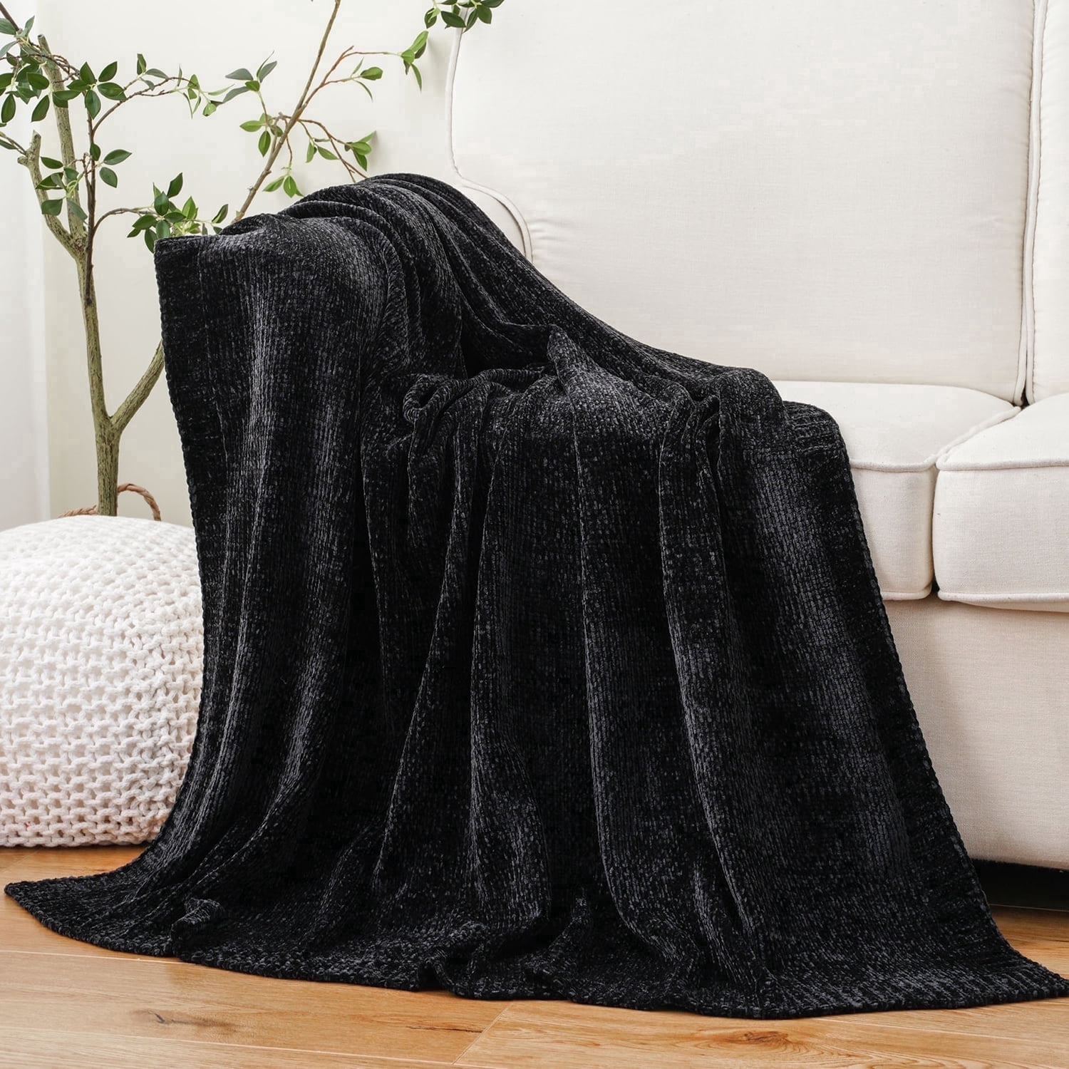 Battilo Black Chenille Throws for Couch,Soft Lightweigt Knitted Blanket for Living Room,51"x67"