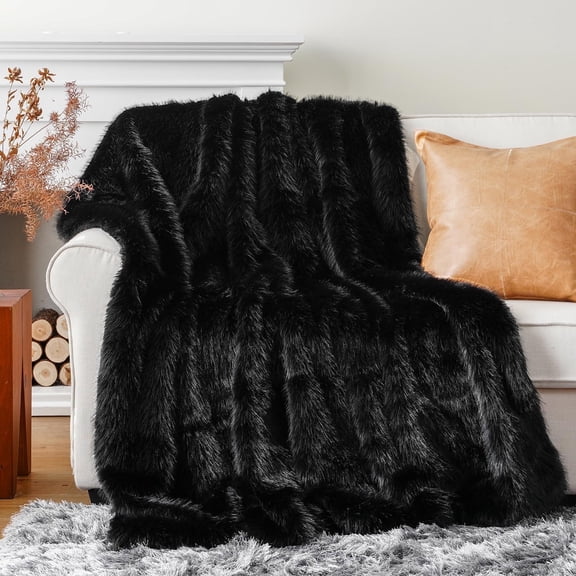 Battilo Black Faux Fur Throw Blanket,Fluffy Fur Blanket for Couch,Plush Fuzzy Bed Blanket,60"x80"