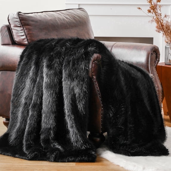 Battilo Black Fluffy Throw Blanket,Plush Fuzzy Cozy Fur Throws for Couch,Black Faux Blanket,50"x60"