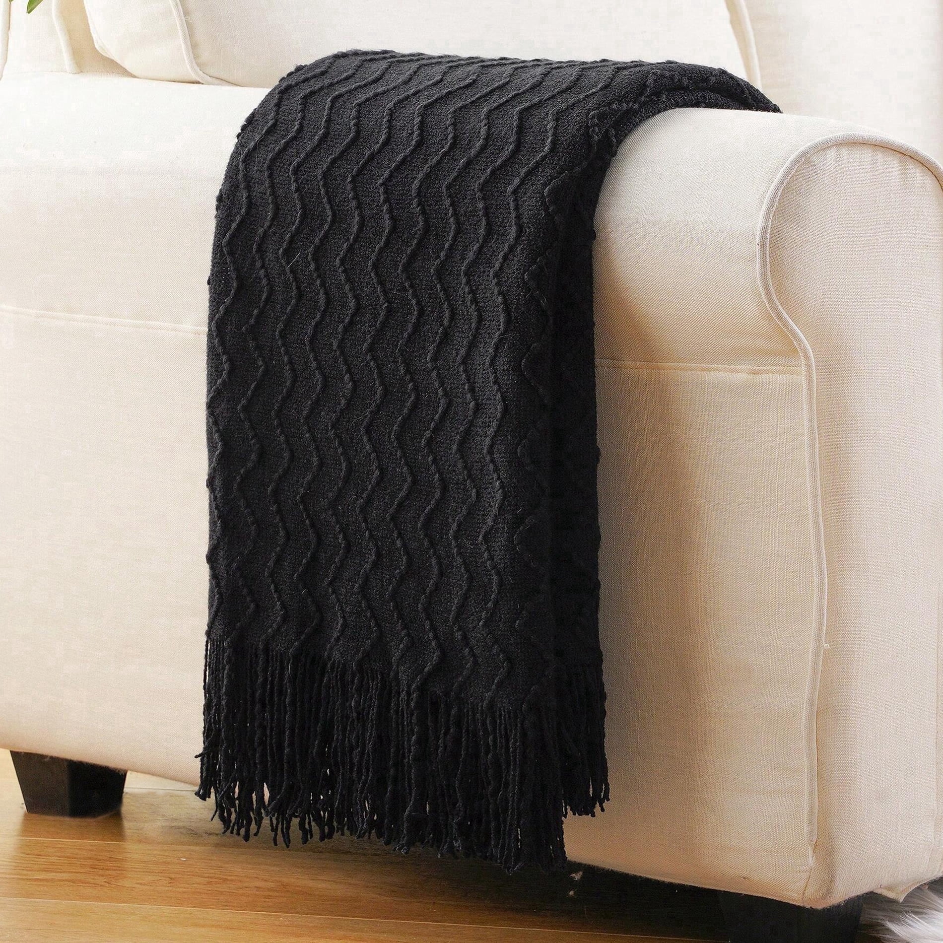 Battilo Black Knit Throw Blanket, Boho Decorative Blanket for Bed, Sofa, Living Room,50"x60"