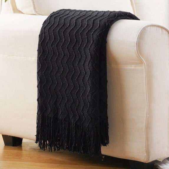 Black Throw Blanket,Boho Decorative Throws,Black Knit Blanket for Couch Bed Sofa,50"x60"