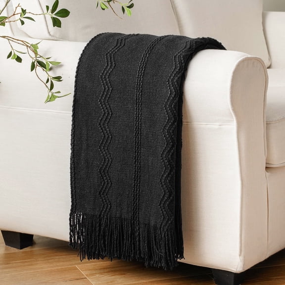 Black Throw Blanket with Fringe,Black Knit Throw for Couch Sofa, Plaid Bed Throws,50"x60"