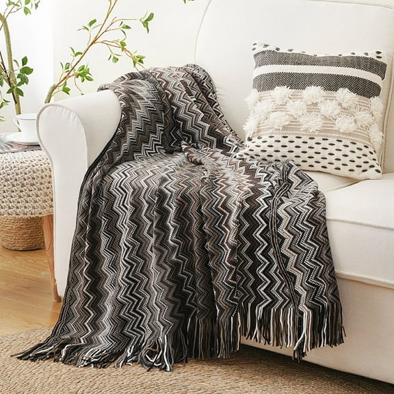 Battilo Boho Black Throw Blanket,Decorative Knitted Blankets with Tassel,Outdoor Blanket,50"x60"