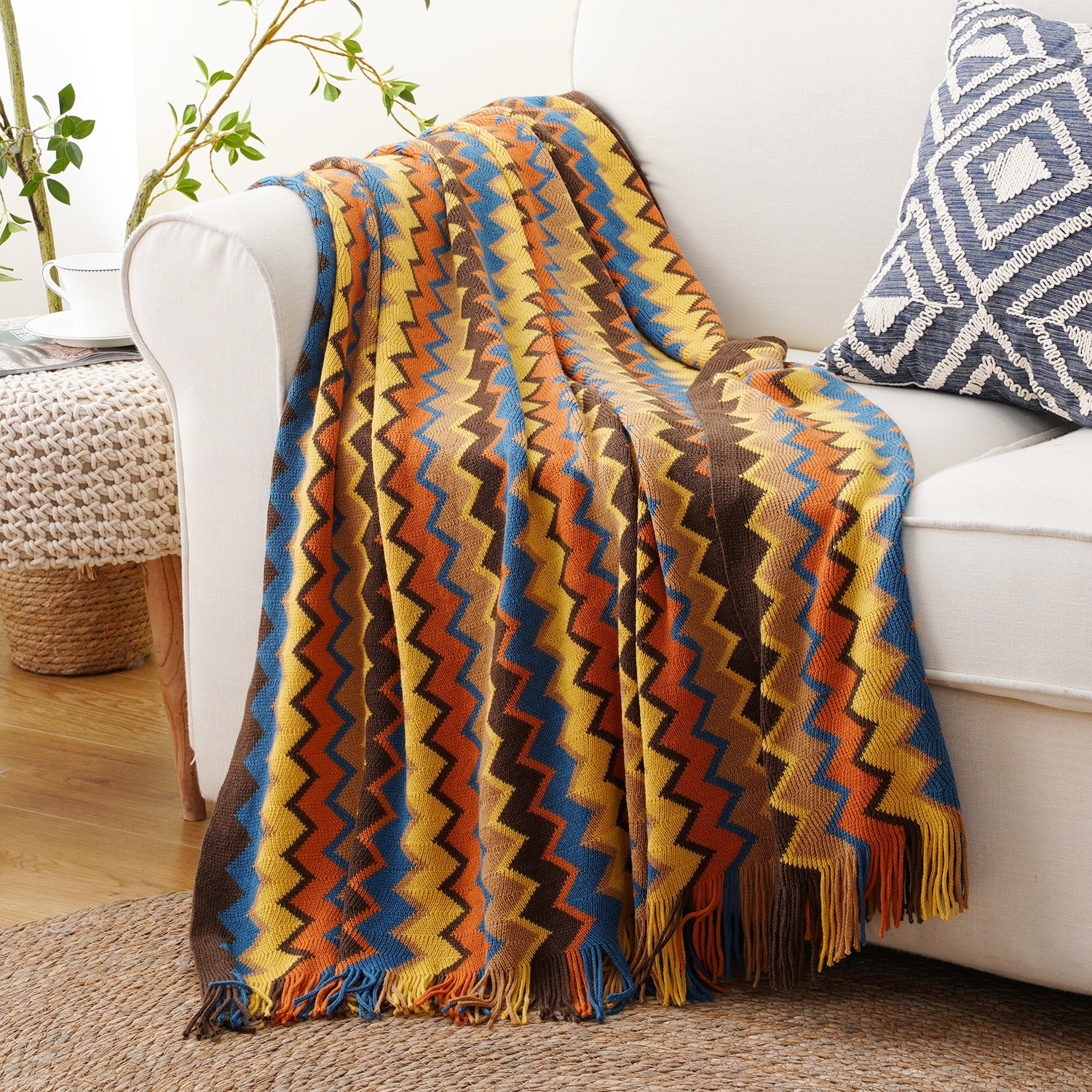 Boho Multicolor Knitted Acrylic Throw Blanket with Tassels, 50" x 60"