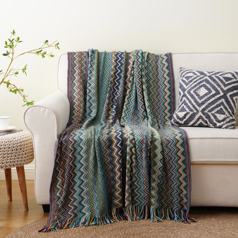 Battilo Boho Throw Blanket,Teal Throw Blankets for Couch Bed Sofa,Soft Cozy Knit Blanket with