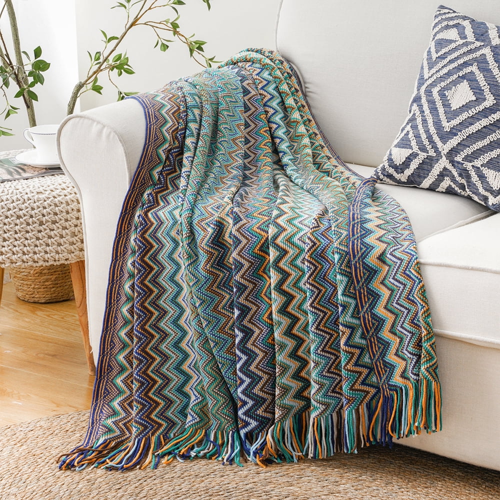 Boho Blue Chevron Knitted Throw Blanket with Tassels, 50"x60"