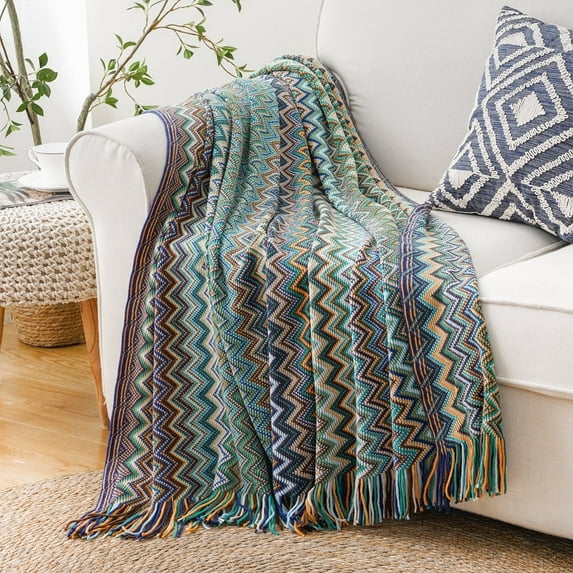 Battilo Boho Throw Blanket,Cozy Knit Teal Blanket with Tassel,Lightweight Afghan Blanket, 50"x60"