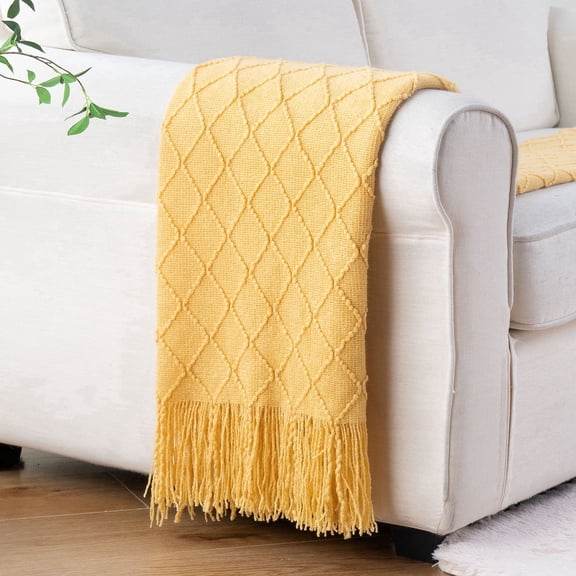 Mustard Throw Blanket for Couch,Gold Yellow Knit Throw with Fringe,Outdoor Throw ,50"x60"