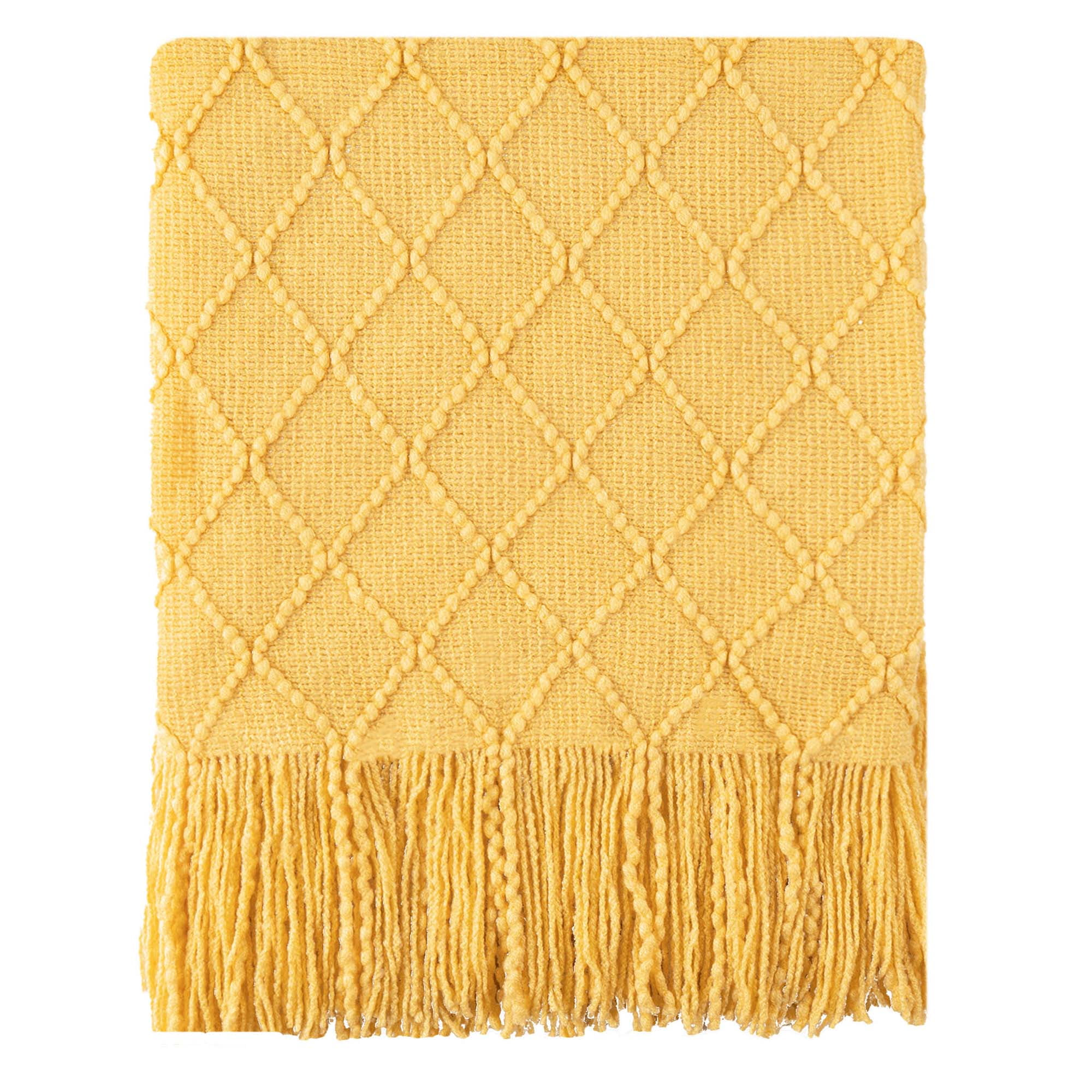 Battilo Bright Yellow Throw Blanket with Fringe,Mustard Throw for Couch