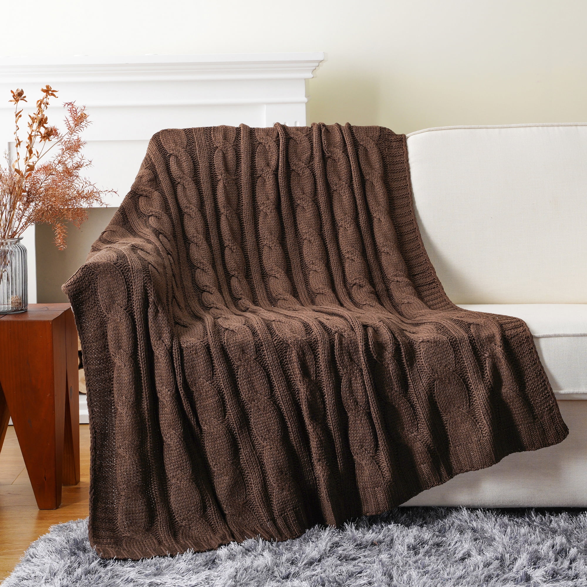 Brown Cable Knit Acrylic Throw Blanket, 50"x60"