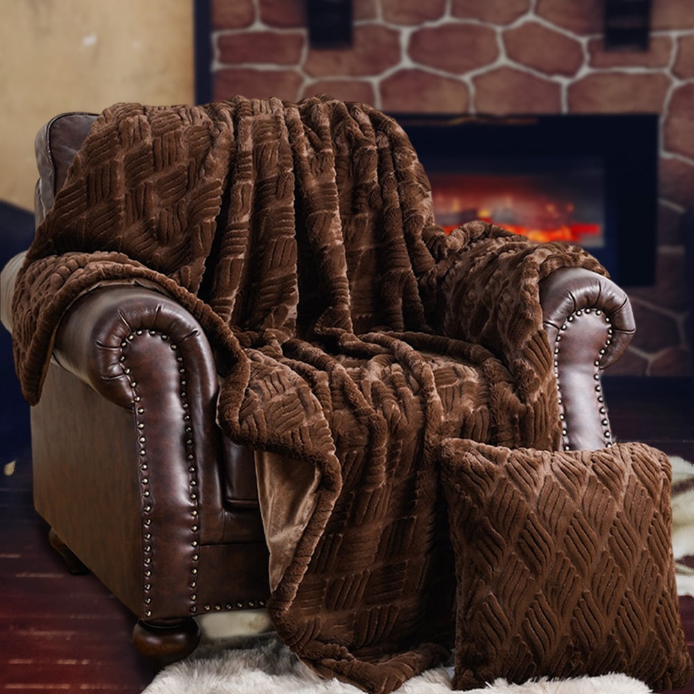 Chocolate Faux Fur Throw Blanket with Matching Pillow Cover Set
