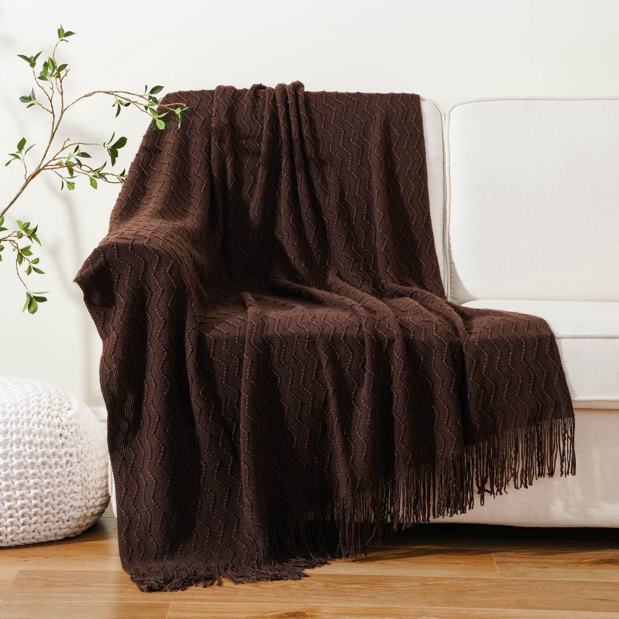Battilo Brown Throw Blanket for Couch Bed Sofa,Boho Decorative Chocolate Brown Knit Throw,50"x60"