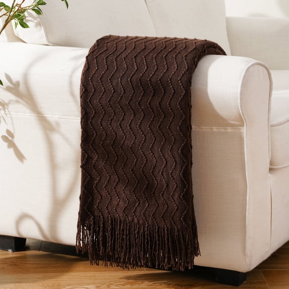 Battilo Dark Brown Throw Blanket for Bed Sofa,Boho Decorative Chocolate Brown Knit Throw,50"x60"