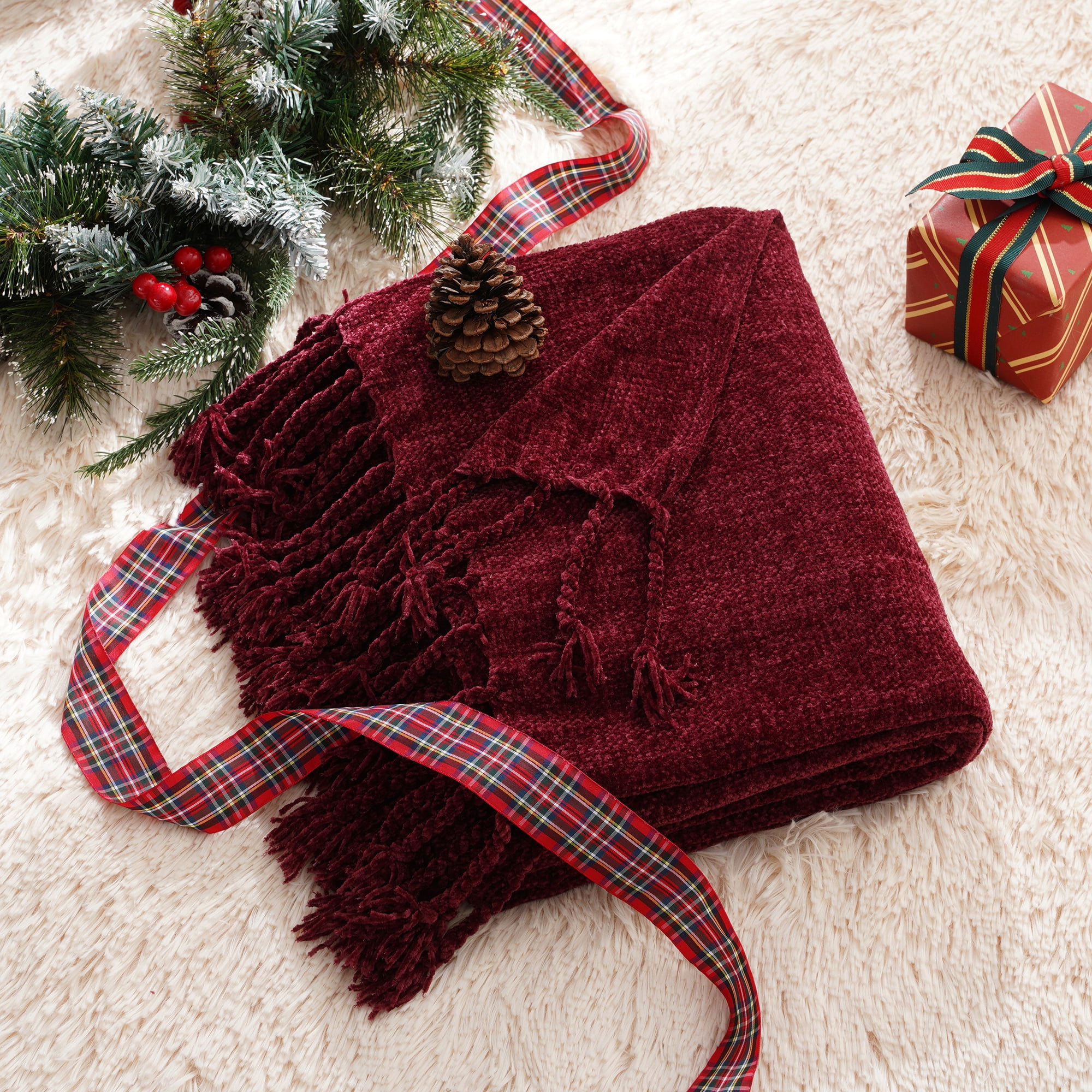 Battilo Home Burgundy Chenille Throw Blanket, Cozy Tassel Edge, 50