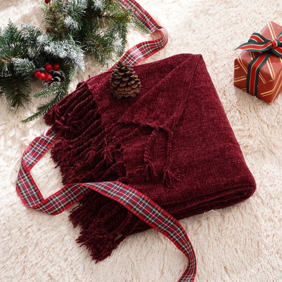 Battilo Burgundy Chenille Throw Blanket, Decorative Fringe Dark Red Blanket,Christmas Decor,50"x60"