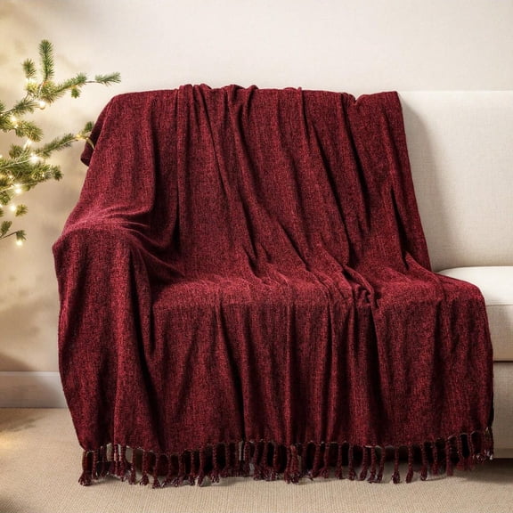 Battilo Burgundy Chenille Throw Blanket, Decorative Fringe Dark Red Blanket,Christmas Decor,50"x60"