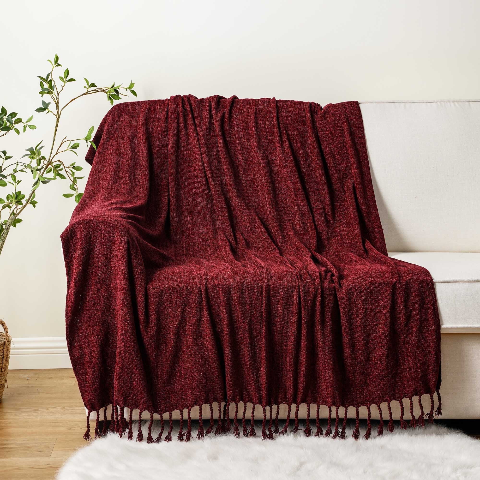 Battilo Home Burgundy Chenille Throw Blanket, Cozy Tassel