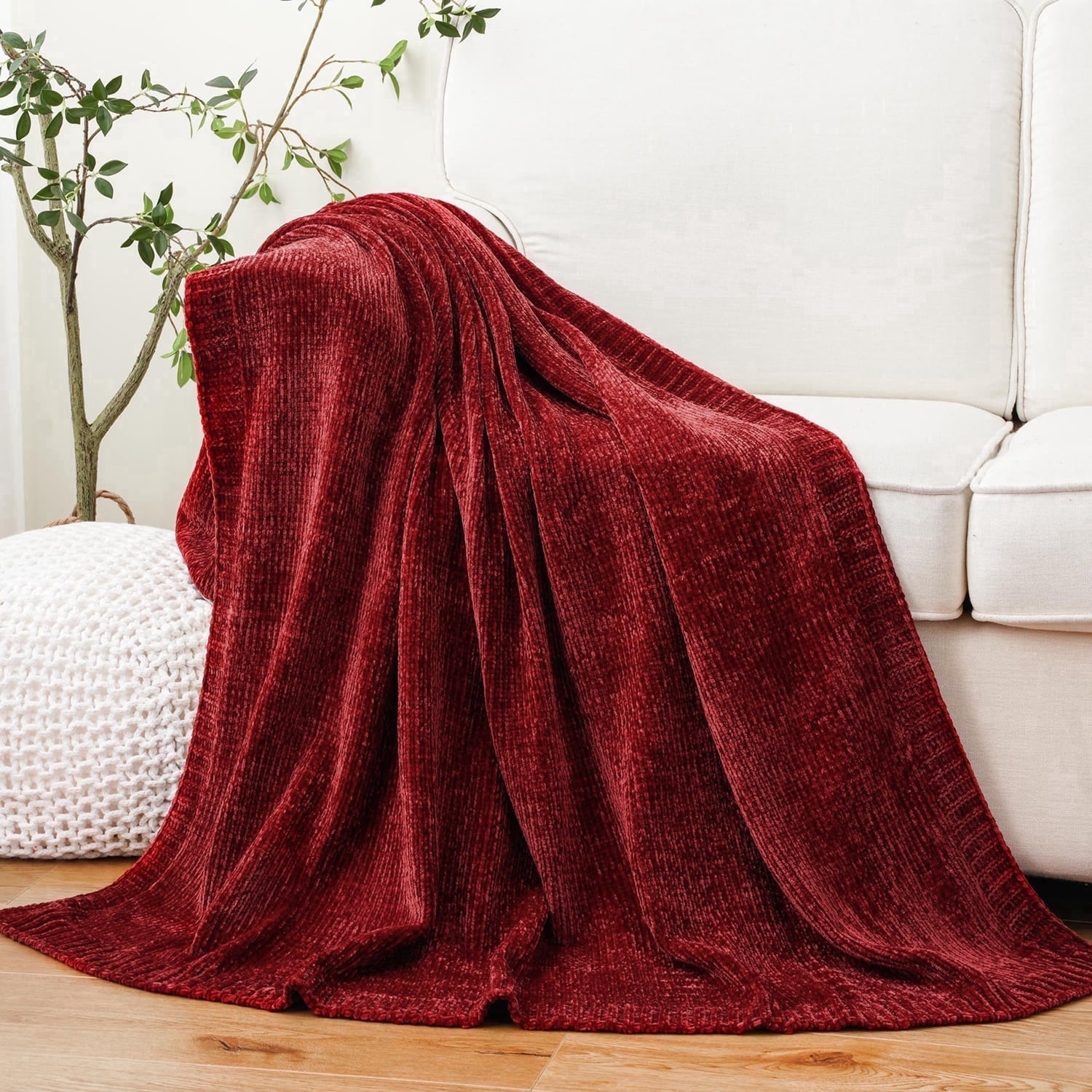 Battilo Burgundy Throw,Chenille Knit Dark Red Blanket,Christmas Decor,Housewarming Gifts,51"x67"