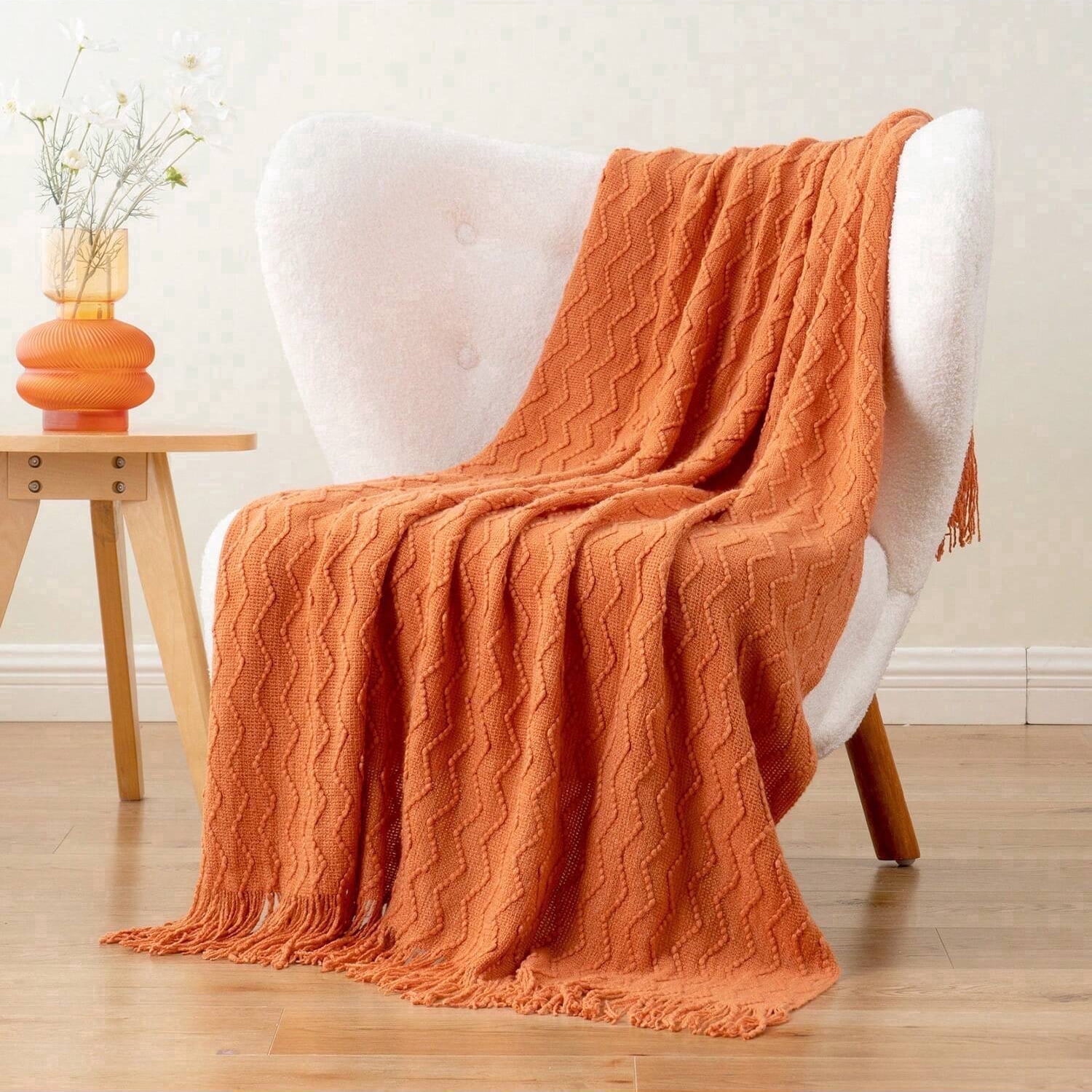 Battilo Burnt Orange Throw Blanket for Couch Bed,Fall Throws with Tassels,Halloween Blanket,50"x60"