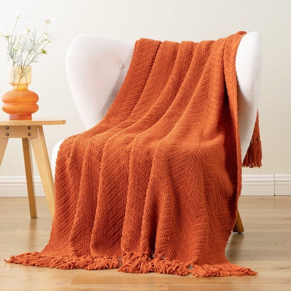 Burnt Orange Throw Blanket,Knitted Orange Throws For Living Room,Fall Decor Blanket,50"x60"