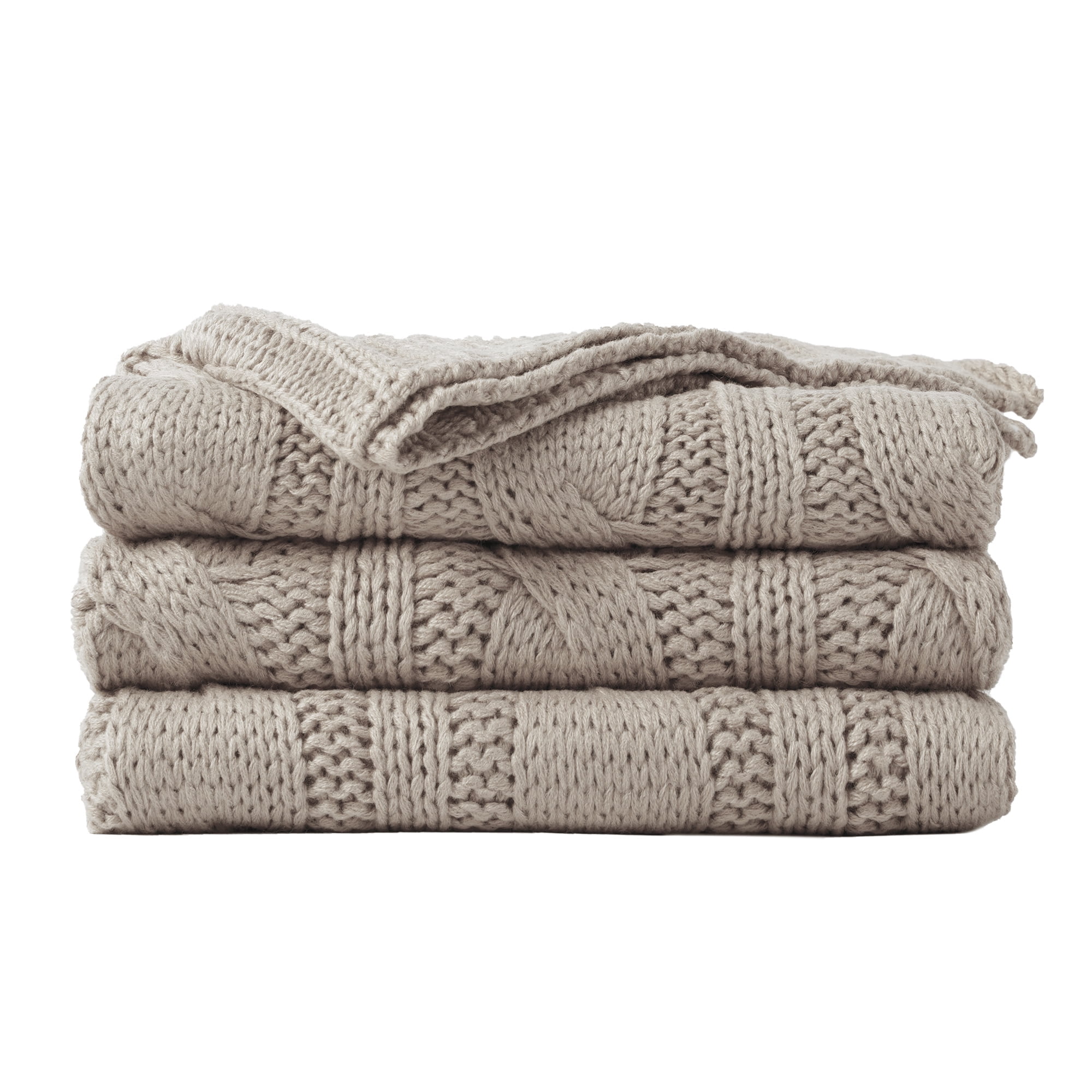 Khaki Cable Knit Acrylic Throw Blanket, 50" x 60"
