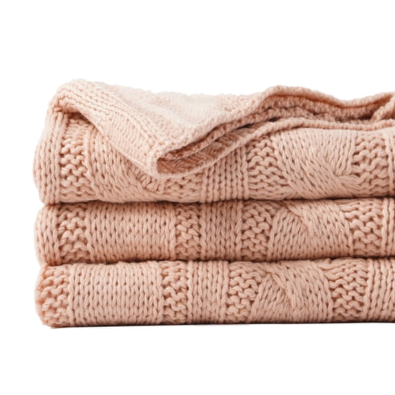 Battilo Cable Knitted Blanket Blush Pink for Sofa,Pale Pink Blankets for Fall Home Decor,50" x 60"