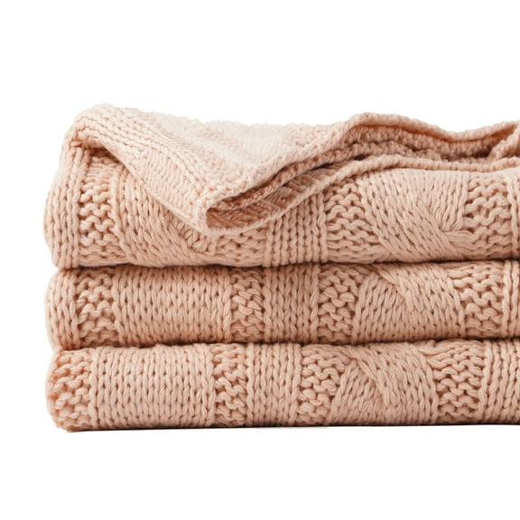 Battilo Cable Knitted Blanket Blush Pink for Sofa,Pale Pink Blankets for Fall Home Decor,50" x 60"