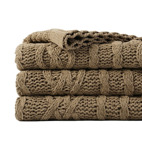 Battilo Camel Throw Blanket,Woven Chenille Cable Knit Blanket,Living Room Decor,51"x67"