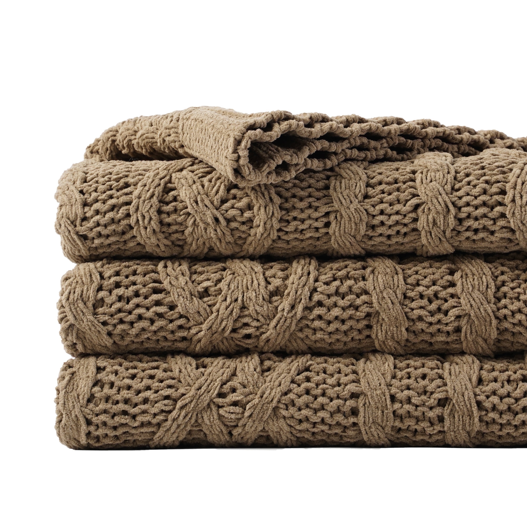 Camel Knitted Chenille Throw Blanket, 51" x 67"