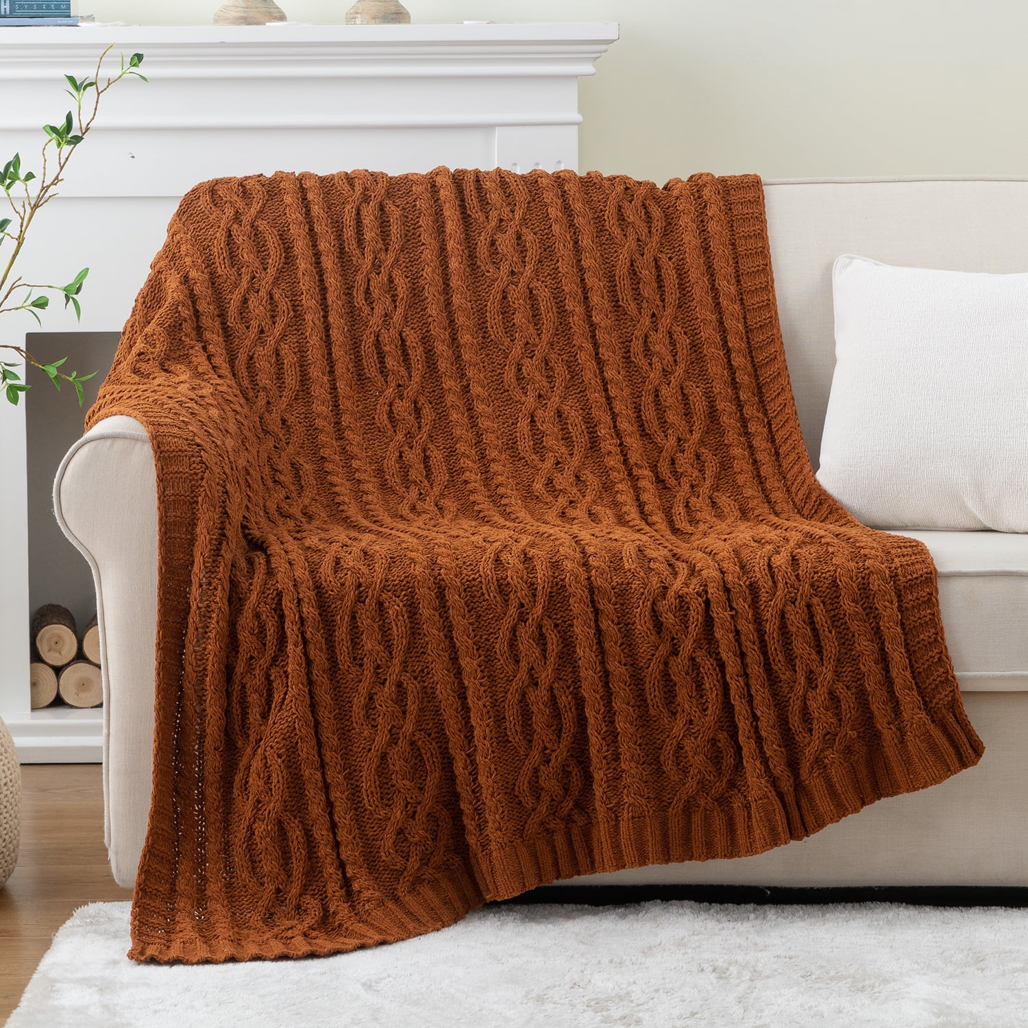 Caramel Knitted Chenille Throw Blanket, 51" x 67"